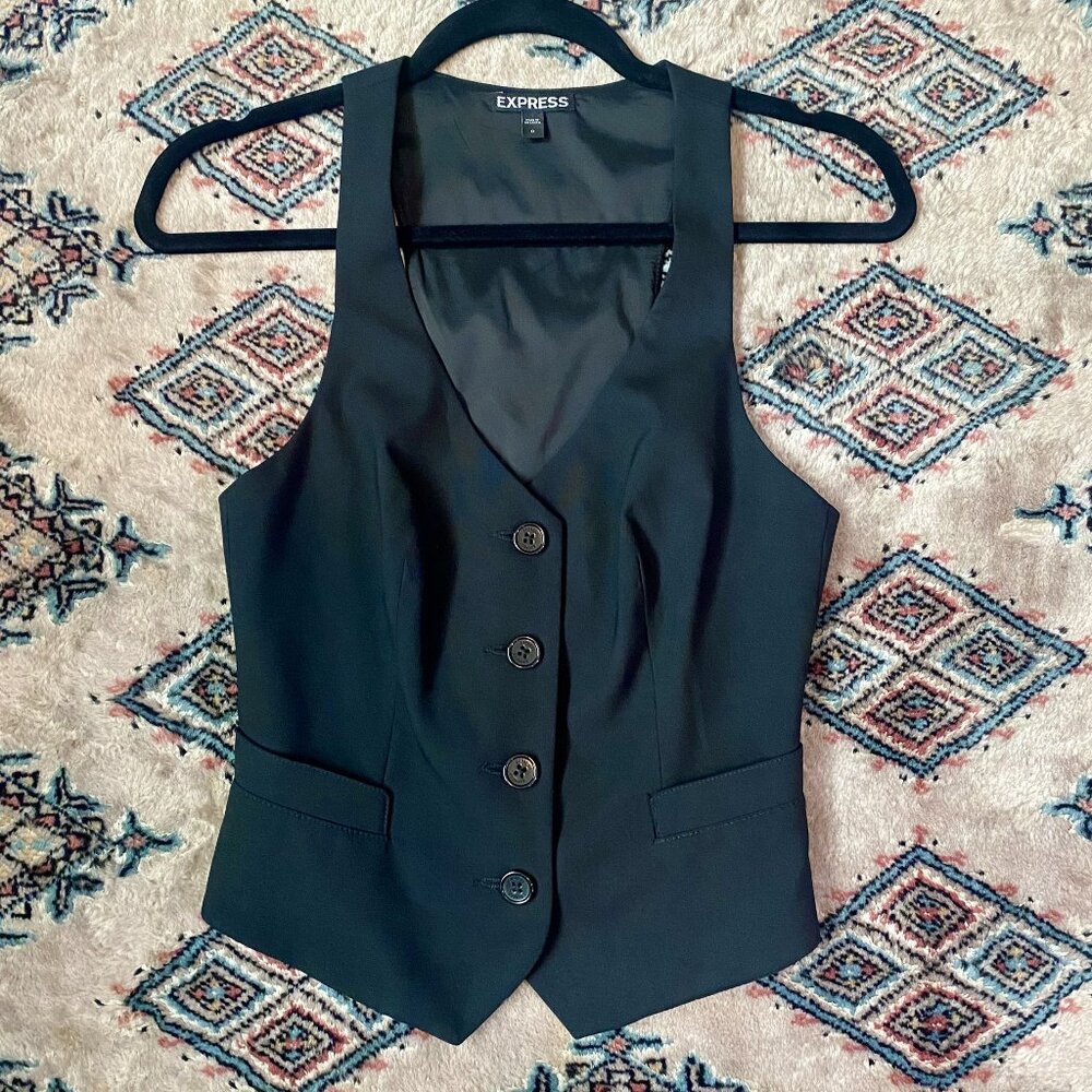Vintage Black Button-Front Suit Vest with Ruffled Back Detailing - Size 0